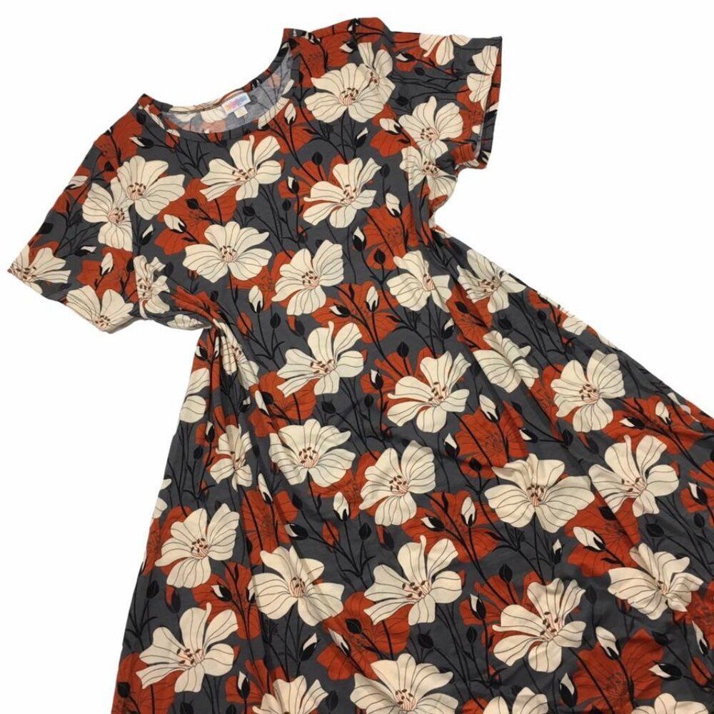NEW LuLaRoe Carly‎ L Floral Orange Gray Cream Swing Dress High Low Flowy NWT